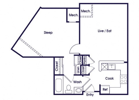 Floor plan for 1 bed, 1 bath, 744 sqft